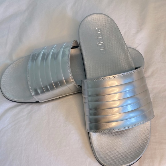 silver adidas slides